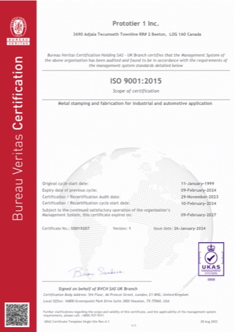 Prototier-1 Inc. ISO 9001:2015 certificate